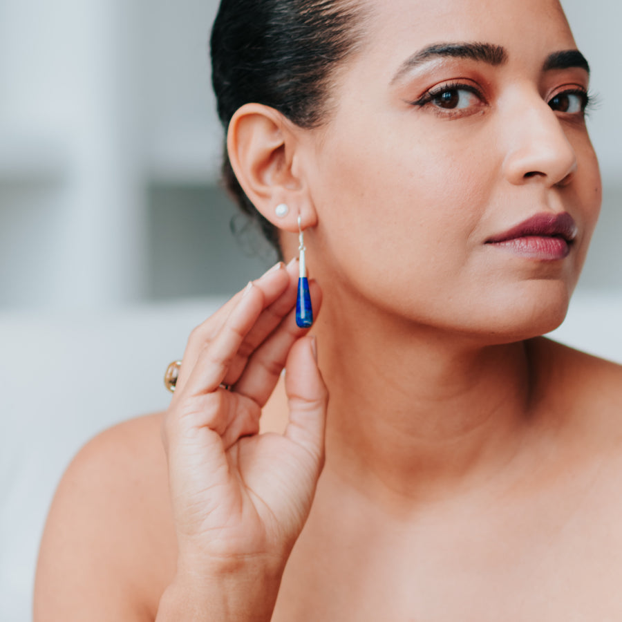 moonlit lapis healing gemstones drop earrings small on ear