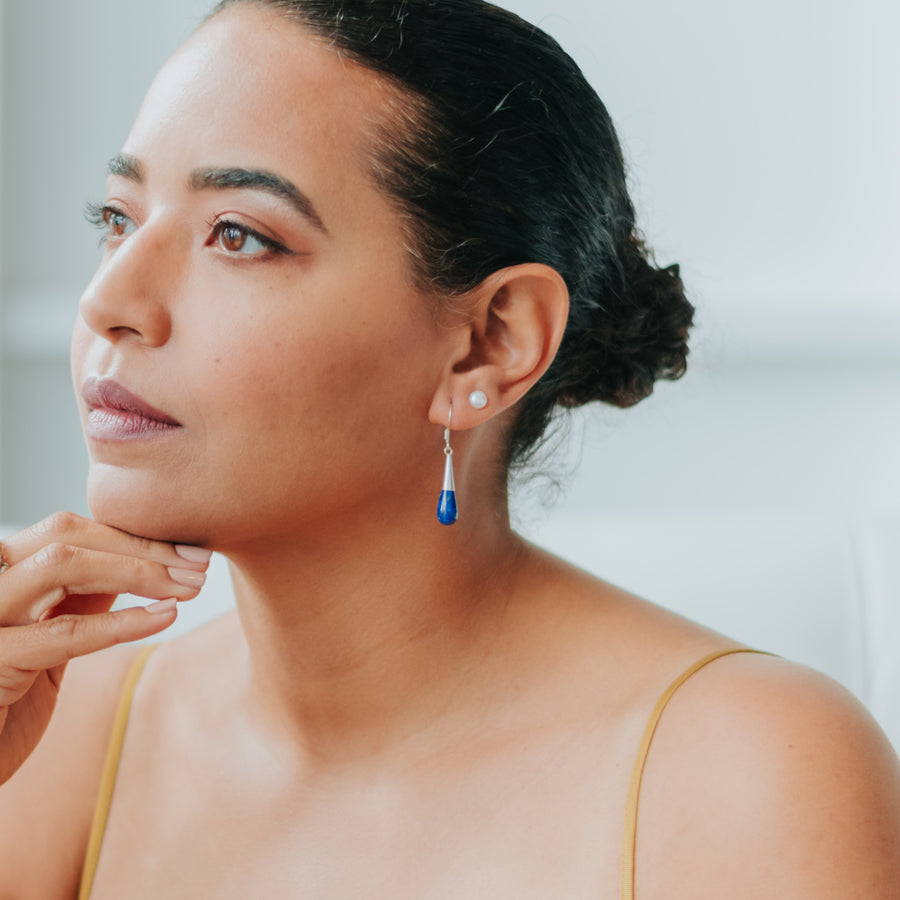 moonlit lapis healing gemstones drop earrings mini on model