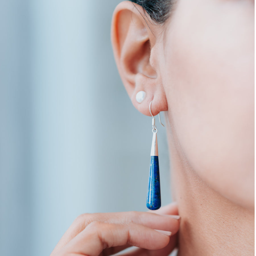 moonlit lapis healing gemstones drop earrings medium on ears