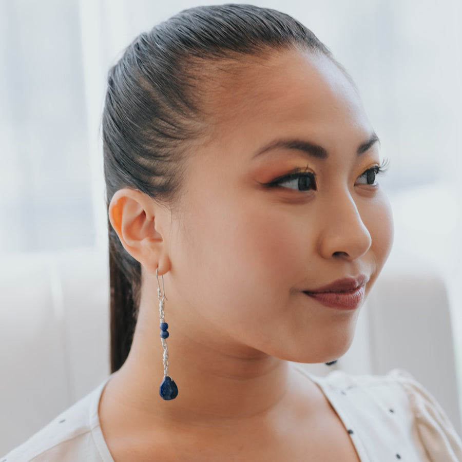 midnight stars lapis healing gemstones drop earrings on ears