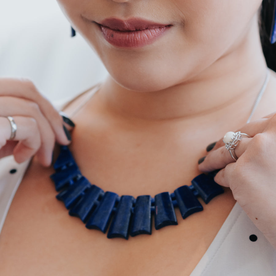 midnight sky lapis healing gemstones necklace on neck
